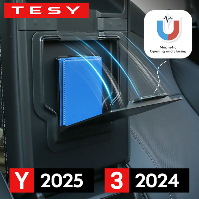 TESY Magnetische Armlehnen-Aufbewahrungsbox für Tesla Model Y Juniper 2025 und Model 3 Highland 2024, Organizer-Etui aus ABS in Schwarz - Bild 1