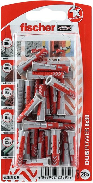 Fischer DuoPower Dübel aus Nylon, Durchmesser: 6 mm, Länge: 30 mm, 28 Stück, mehrfarbig - Bild 1