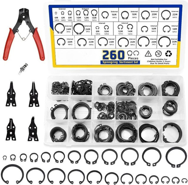 260-teiliges C-Clip und E-Clip Sicherungsring Set mit 24 Größen und 4-in-1 Schnappringzange - Bild 1