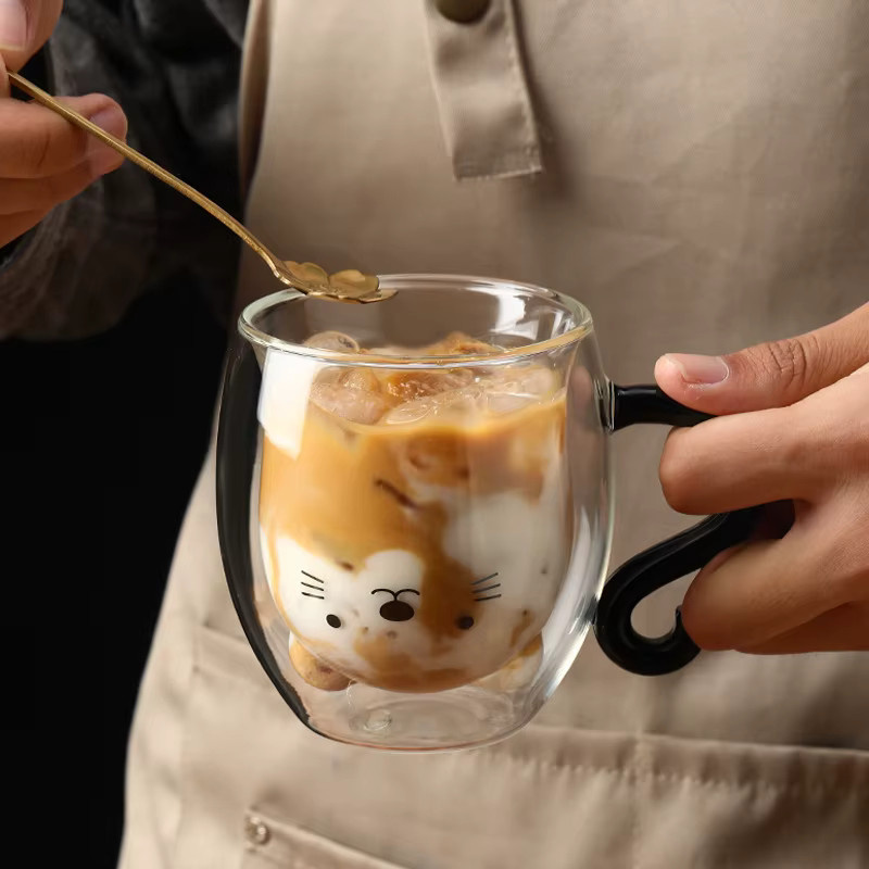 YWDL Doppelwandige Kaffeetasse mit Cartoon-Katzen-Design, transparent, 250 ml - Bild 3