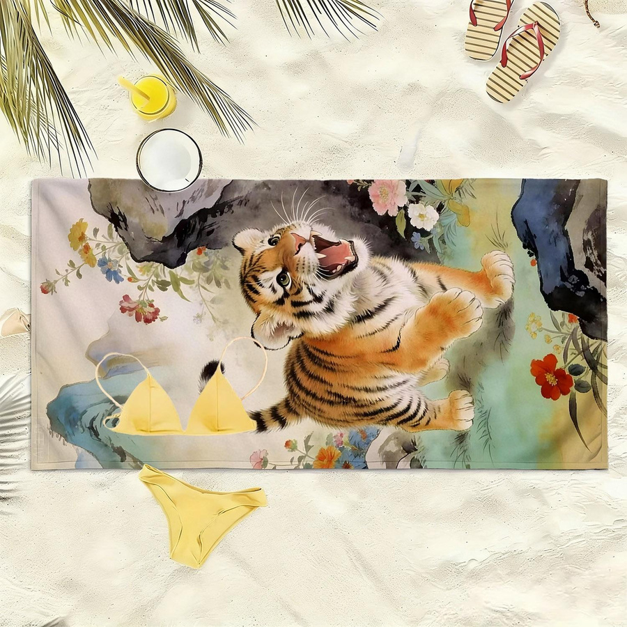 Saugfähiges Strandtuch aus Polyester-Mikrofaser mit Cartoon-Tiger-, Blumen- und Felsmuster, Breite: 30 cm, Höhe: 60 cm - Bild 4