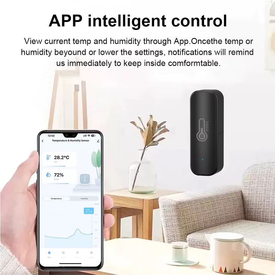Tuya WiFi Temperatur- und Feuchtigkeitssensor mit App-Fernüberwachung für Smart Home, kompatibel mit Alexa und Smart Life, Schwarz - Bild 2