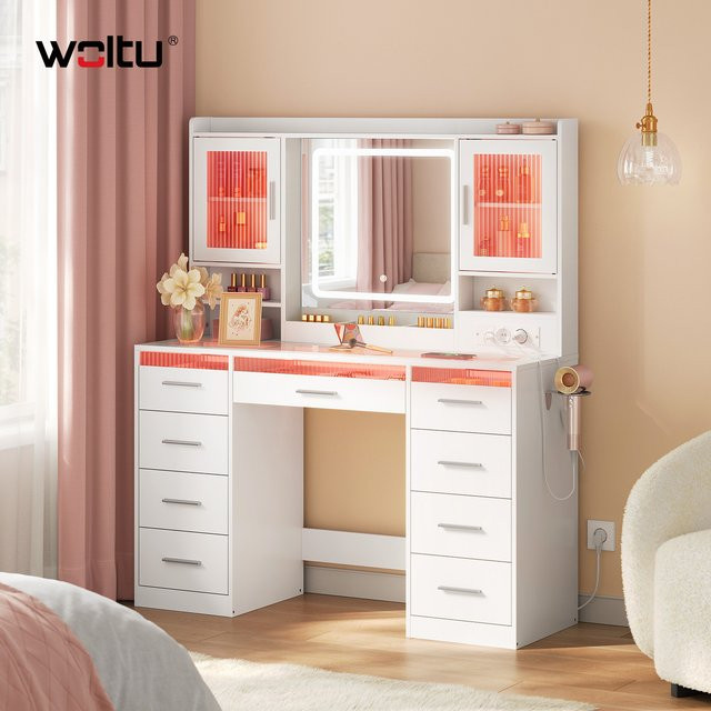 WOLTU Schminktisch mit RGB-Beleuchtung, 9 Schubladen und 2 Schränken in Weiß - Bild 1