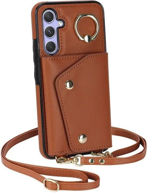 Leder Crossbody Handyhülle mit Ring und Reißverschluss als Geldbörse für Samsung Galaxy S26 Ultra S25 FE S24 Plus S23 S22 S21 Note 20 in Braun - Bild 1