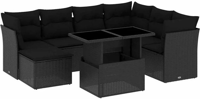 vidaXL 8-teilige Garten-Sofagarnitur in L-Form aus schwarzem Poly-Rattan mit Kissen und pulverbeschichtetem Stahlgestell - Bild 1