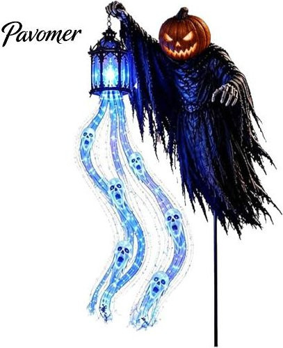 Aunel Halloween Solar Gartenpfahl Licht mit animierter Geisterdekoration und blauer LED Laterne aus Harz und Kunststoff - Bild 1