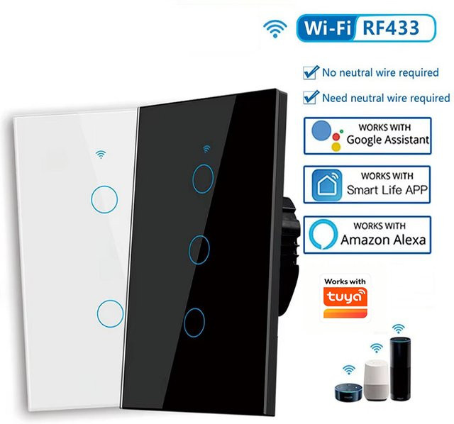 QNCX Smart Wandschalter WiFi mit Tuya App Kompatibilität, Weiß, Glas, Ohne Neutralleiter, für Alexa und Google Home, Rechteckig - Bild 1