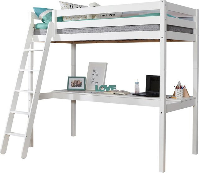 TiCAA Hochbett Felix aus massiver Kiefer mit Schreibtisch in Weiß - Bild 1