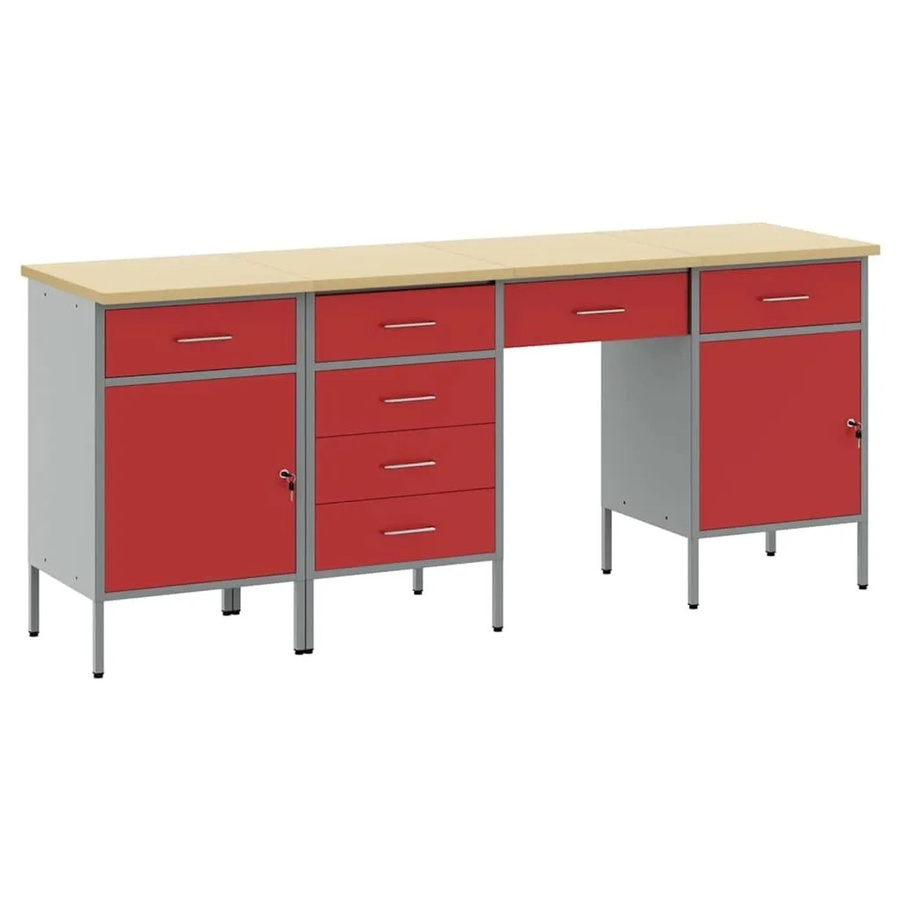 vidaXL Werkbank 4-teilig aus Holz und Stahl in Rot mit Pegboard, B/T/H: 200 x 55 x 85 cm - Bild 2