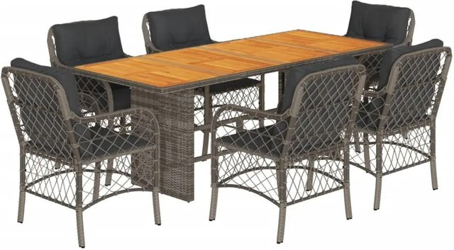 vidaXL 7-teilige Garten-Essgruppe aus Poly-Rattan und Akazienholz mit Kissen in Grau - Bild 1