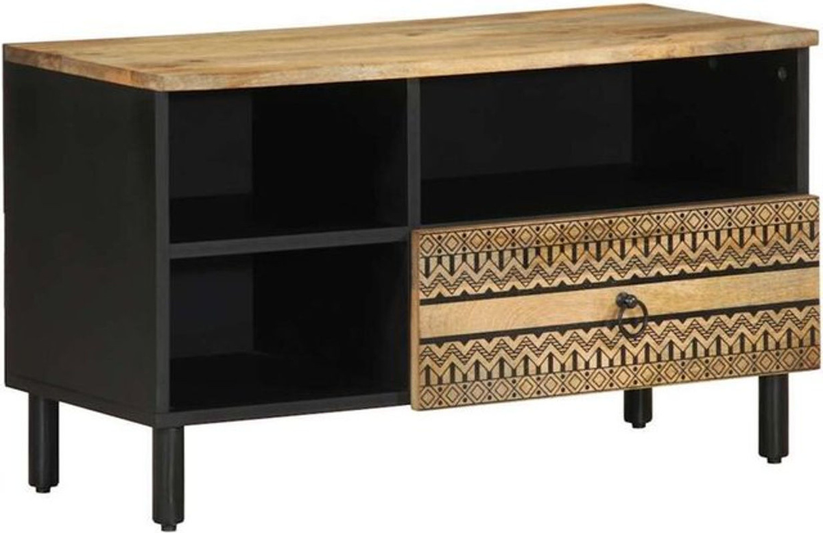 Vidaxl TV-Schrank aus schwarzem Mangoholz und Metall im Industrial und Bohemian Stil, B/T/H: 80 x 33,5 x 46 cm - Bild 1