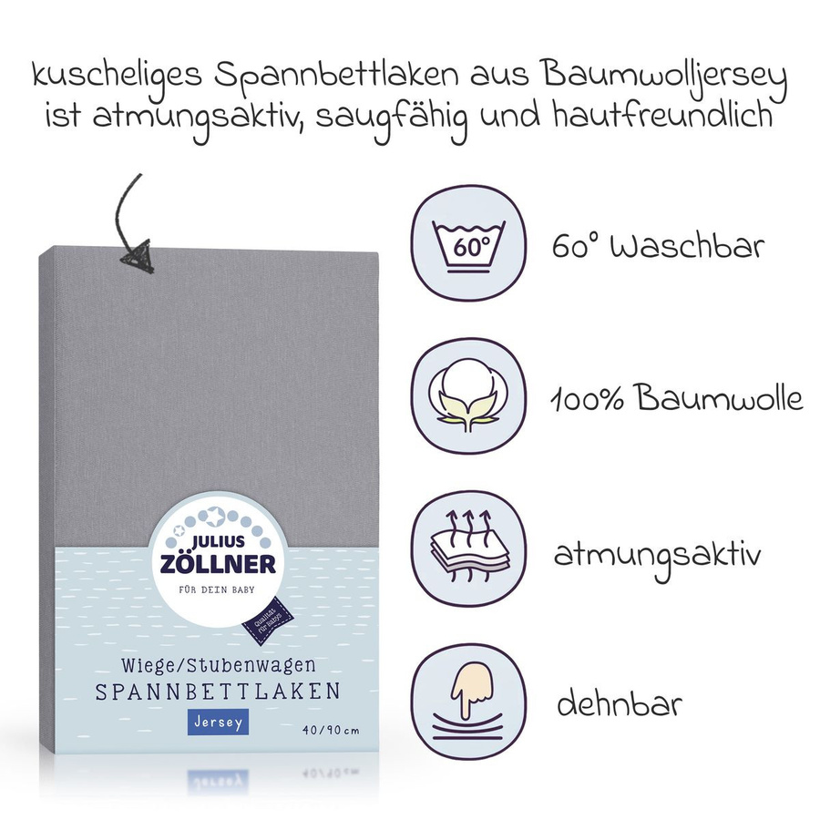 Julius Zöllner Spannbetttuch aus Jersey-Baumwolle für Babys, Anthrazit, Breite: 40 cm, Tiefe: 90 cm - Bild 2