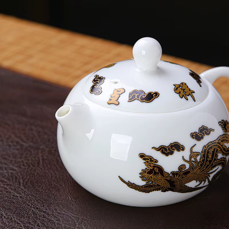 Handgefertigte Fengming Teekanne aus Wildleder-Jadeporzellan in Gold und Weiß, Xishi Dezhong Teekanne - Bild 3