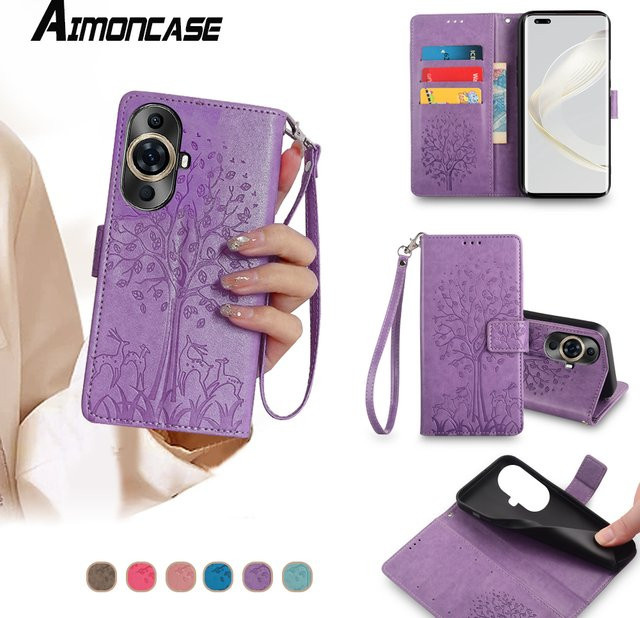 Magnetische Flip Cover Handyhülle mit Kartenfach und Trageriemen für Huawei Nova, Pro, Ultra, SE und Y-Serie in Grau und Lila - Bild 1