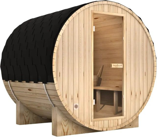 DELUKE Fasssauna Outdoor mit Elektroofen PIET für 4 Personen aus Fichtenholz in Braun mit Saunazubehör und externer Montage - Bild 1