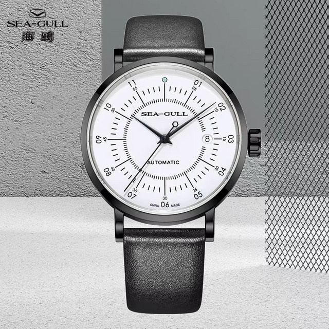 Seagull Herrenuhr, Automatik, Edelstahl, Leder, Weiß, Datum - Bild 1