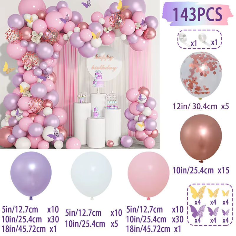 143-teiliges Latex-Ballonbogen-Set in Rosa und Mehrfarbig mit Schmetterlings-Dekoration für Geburtstage, Hochzeiten und Familienfeiern - Bild 2