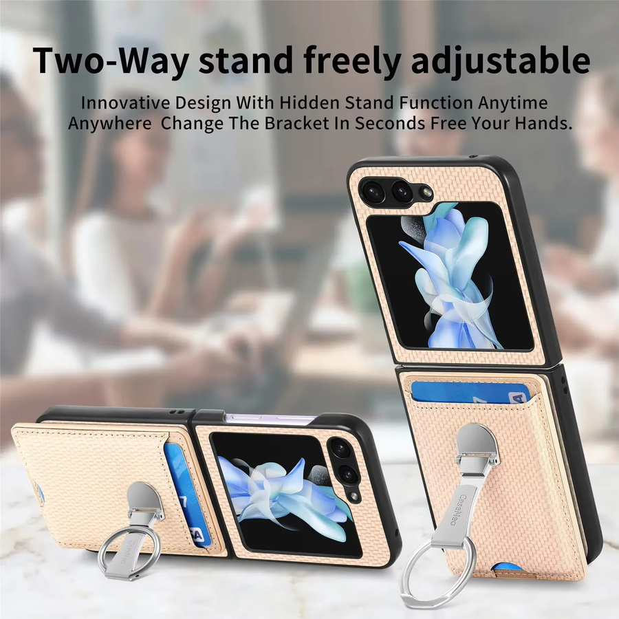 Samsung Galaxy Z Flip 7 6 5 4 3 5G Handyhülle aus PU Leder mit Kartenhalter und Ring in Beige - Bild 3
