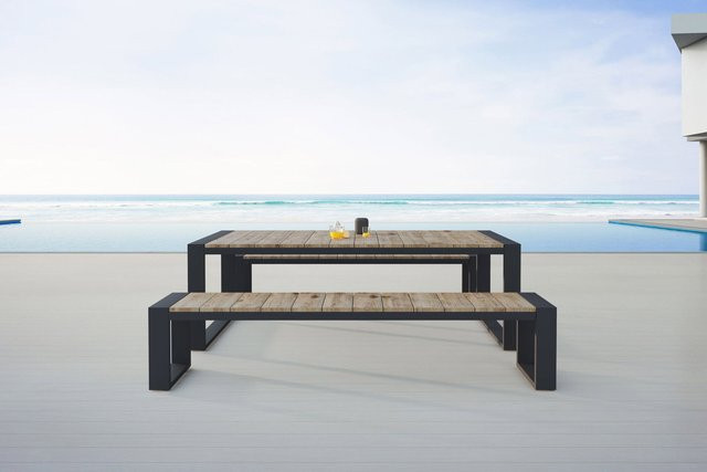 OUTFLEXX Kona Garten-Essgruppe aus Aluminium und recyceltem Teakholz in Dunkelgrau/Natur mit Esstisch und 2 Bänken, B/T/H Esstisch: 240 x 100 cm, B/T/H Bank: 240 x 40 cm - Bild 1