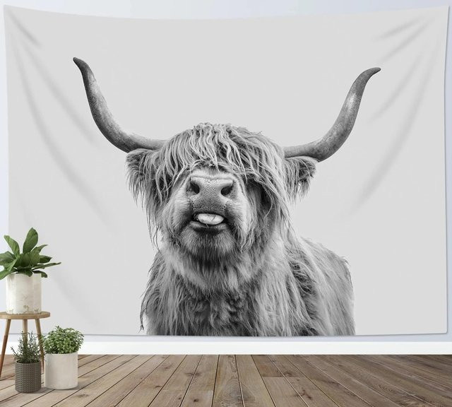 Rustikaler Wandteppich mit Hochlandrind Motiv in Grau, B x H: 150 x 200 cm - Bild 1