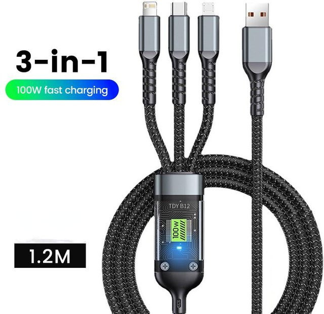 ZJM Mall 3 in 1 Schnellladekabel mit USB-C, Micro-USB und Lightning, 100W 5A, Länge: 1,2 m, Schwarz - Bild 1