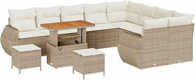 vidaXL Garten-Sofa-Set 12-tlg. aus Poly-Rattan und Akazienholz in Beige mit Polsterung und Tisch - Bild 1