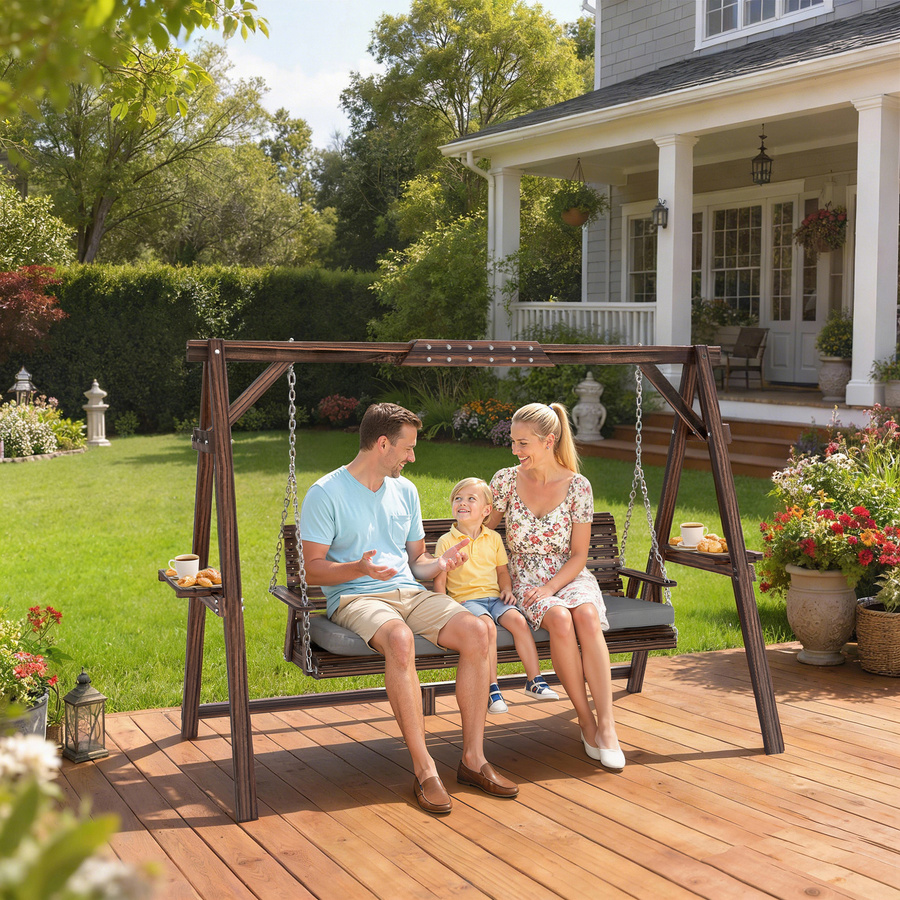 Outsunny 3-Sitzer Gartenschaukel aus Tannenholz mit Sitzauflagen und Ablagen, braun/schwarz - Bild 2