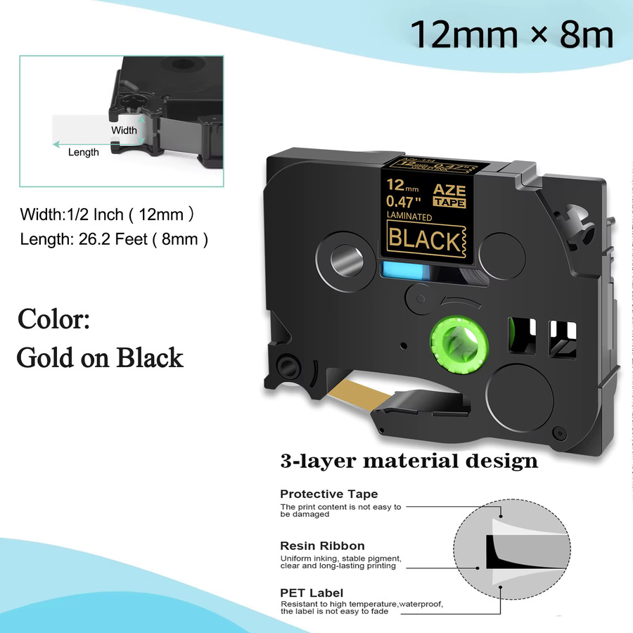 5er Pack Etikettenband Gold auf Schwarz kompatibel für Brother P-Touch TZe 324 TZe 334 TZe 344 TZe 354 - Bild 2