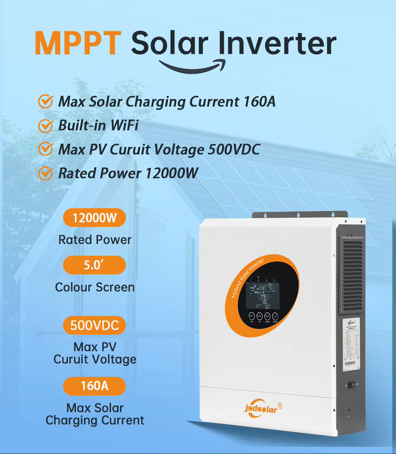 jsdsolar Hybrid-Wechselrichter 12000W 48V On-Grid/Off-Grid mit Dual-MPPT, 230V PV-Eingang bis 500VDC, Smart BMS und 160A MPPT Ladegerät, Reine Sinuswelle, Farbe: Weiß - Bild 2