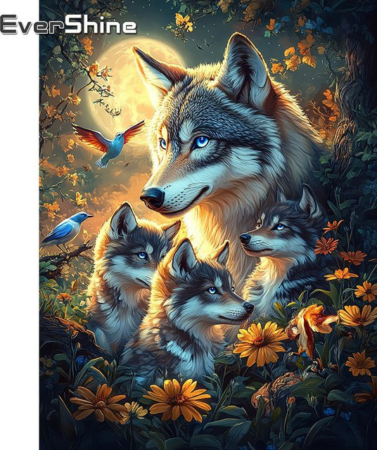 EverShine Diamant-Stickerei DIY Wolf und Vogel Wandkunst als 5D Vollbohr-Mosaik in Multicolour - Bild 1