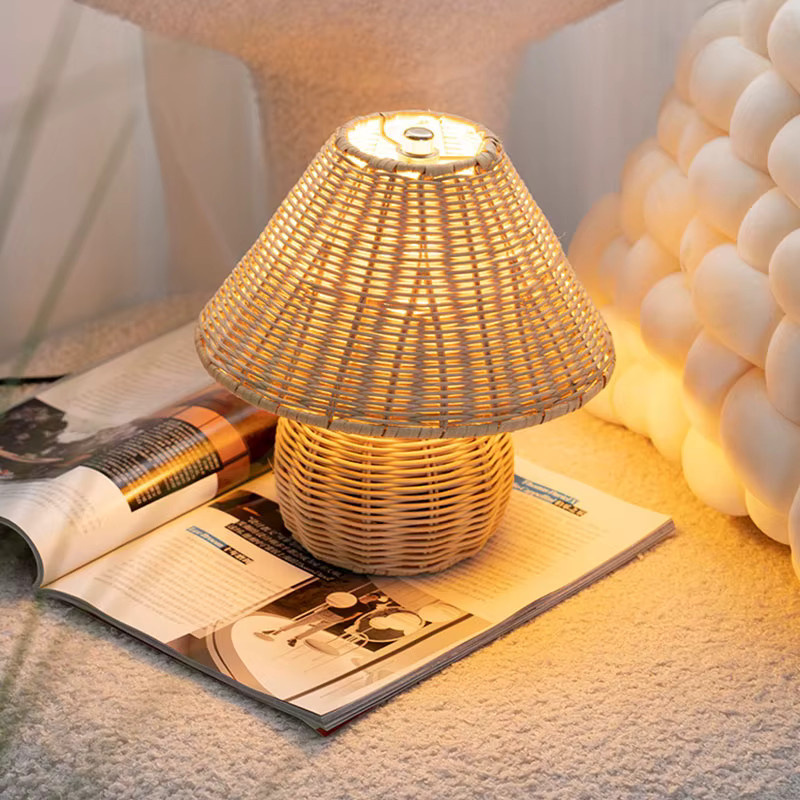 LINCCW Bambus Tischlampe Retro mit USB-Anschluss in Braun für Wohnzimmer und Leseecken - Bild 2