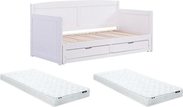 Vente-unique Sofabett Diniva Weiß mit Kiefernholz-Rahmen und Schubladen B/T/H: 198 x 100 x 95,5 cm - Bild 1