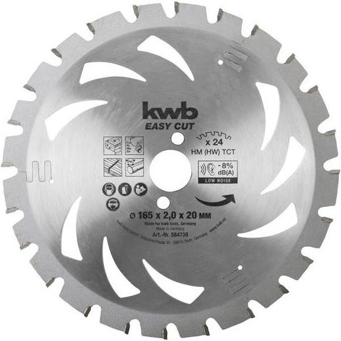 Kwb Hartmetall Kreissägeblatt mit 24 Zähnen für Holz, Metall und Kunststoff, Farbe: Silber, Durchmesser: 165 mm, Bohrung: 20 mm, Dicke: 1,24 mm - Bild 1