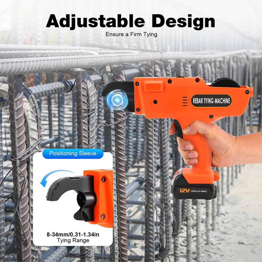 Podofo Automatische Bewehrungsbindemaschine 12V Orange, Kabellose Elektrische Bewehrungsbinderpistole mit 2 Akkus und einstellbarer Spannkraft für 8-34mm Stahlstäbe - Bild 4