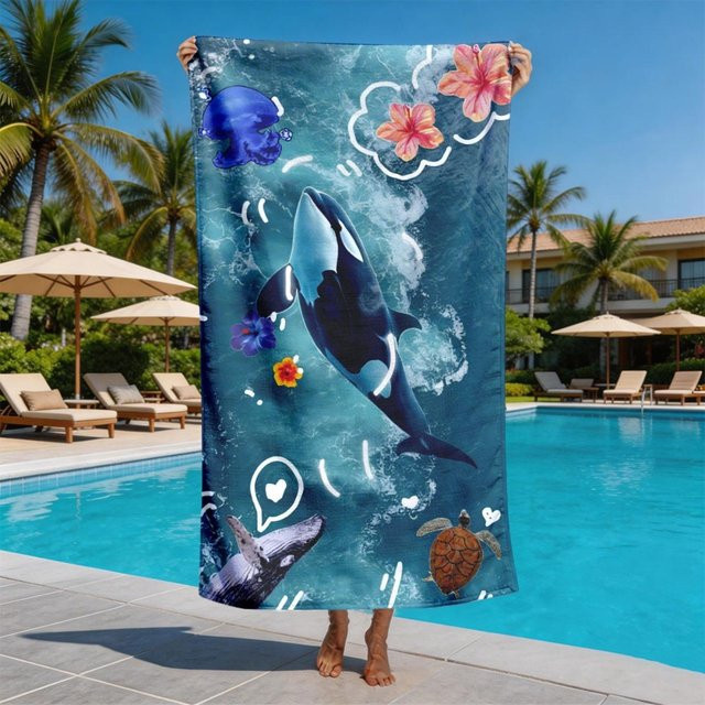 Badetuch Orca-Sprung mit tropischem Blumen-Design aus Polyester-Mikrofaser, Farbe: Weiß, B: 40 cm, H: 60 cm - Bild 1