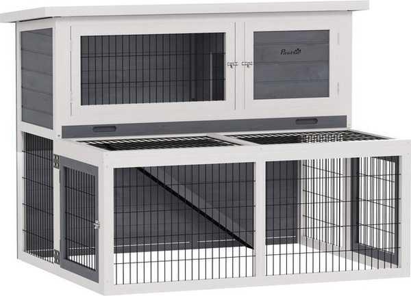 PawHut Hasenstall aus Vollholz in Grau mit 2 Ebenen, wetterfestem Doppelstockhaus und Freilaufgehege, B/T/H: 122 x 95 x 93,5 cm