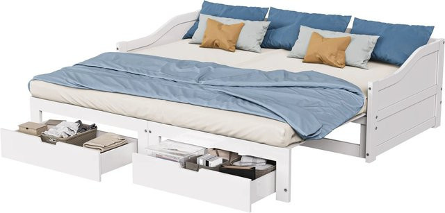 PXloue Ausziehbar Tagesbett aus Massivholz mit 2 Schubladen in Weiß, B/T/H: 186 x 90 x 60 cm (ausziehbar auf 200 cm Länge) - Bild 1