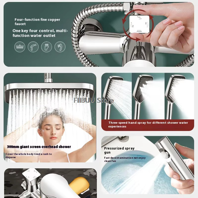 FIIBUU Multifunktions-Duschset mit großem quadratischem Duschkopf und Druckwasser-Massage-Funktion in Schwarz und Silber - Bild 4