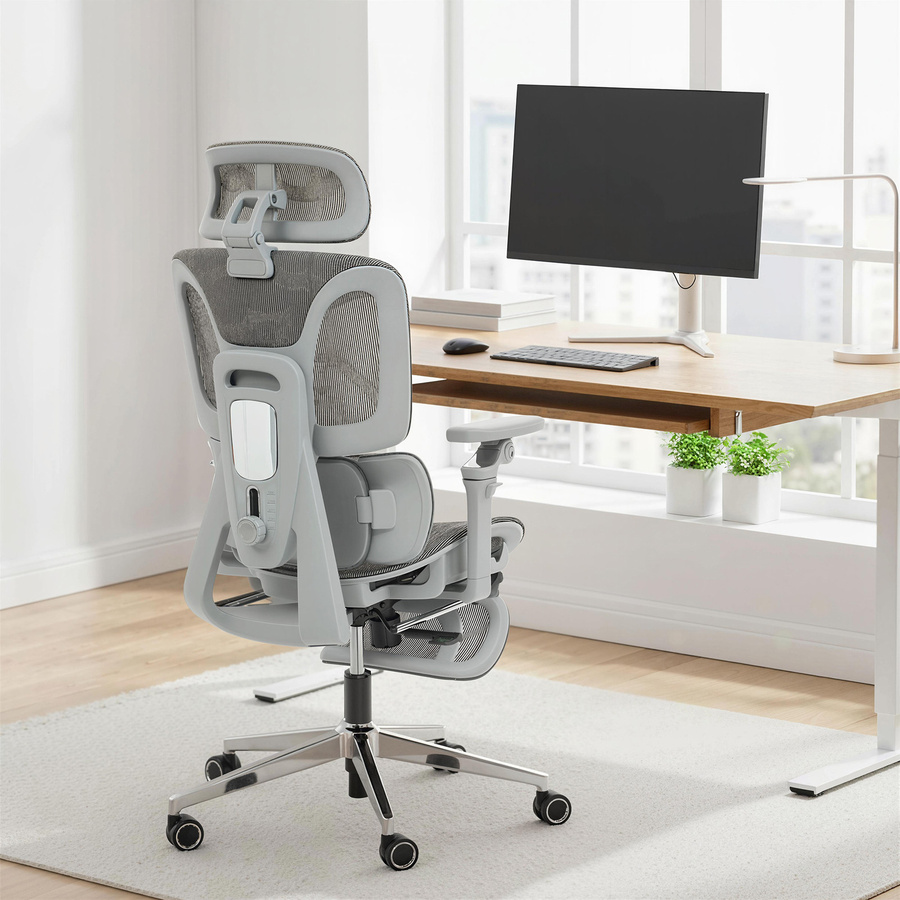 HOMCOM Ergonomischer Bürostuhl in Grau mit Mesh-Rückenlehne, 6D-Armlehnen, Kopfstütze, verstellbarer Sitztiefe und Fußstütze - Bild 2