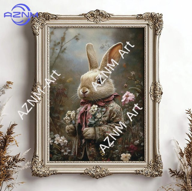 KAYOU Vintage Leinwanddruck Hase mit Wildblumen als Wandkunst im Cottagecore-Stil für Kinderzimmer und Osterdekoration, Mehrfarbig - Bild 1