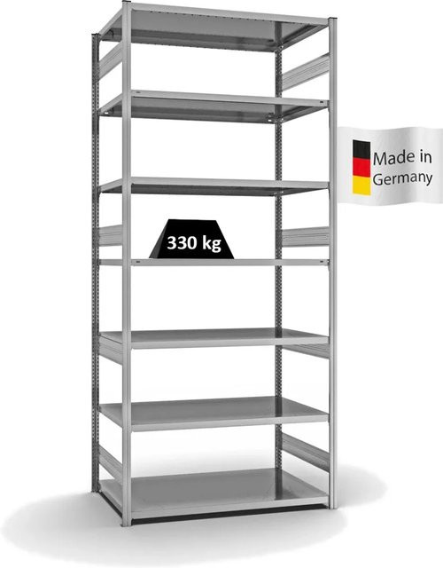 PROREGAL Fachbodenregal Stecksystem T-Profil Heavy-Duty Grundregal, verzinkt, Farbe: Silber, H x B x T: 300 x 130 x 80 cm, 7 Ebenen, beidseitig nutzbar - Bild 1