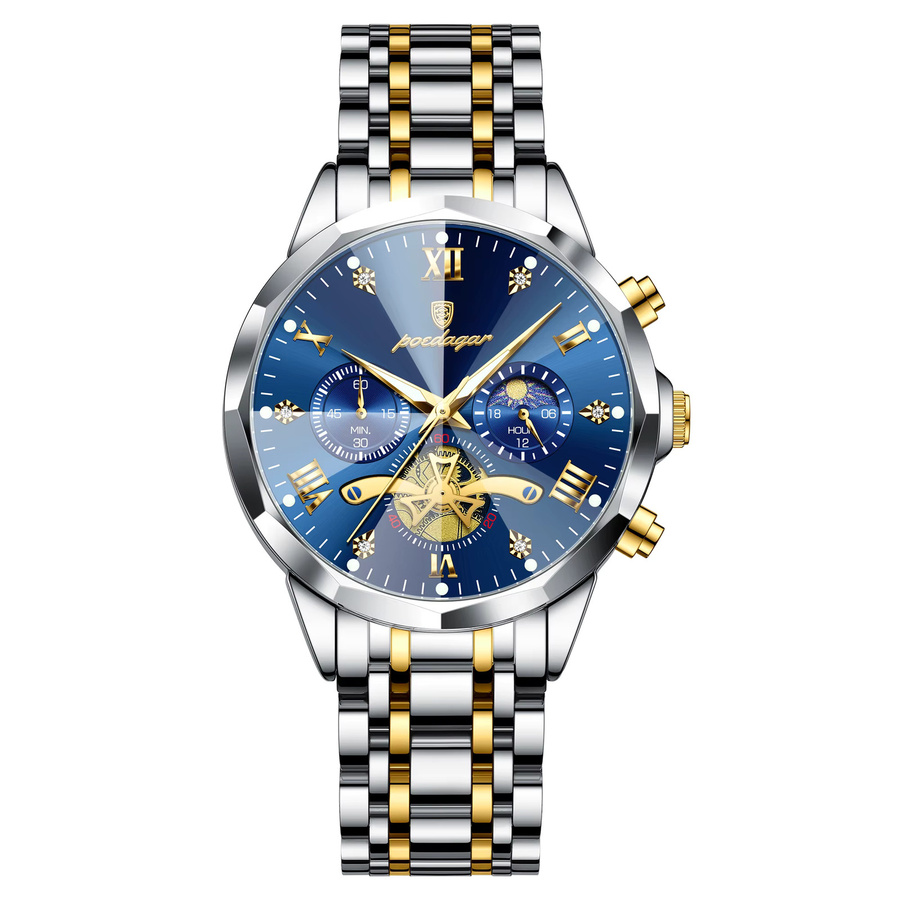 POEDAGAR Armbanduhr Chronograph, Quarz, Edelstahl, Blau, Herren - Bild 7