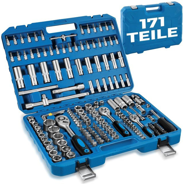 tectake Steckschlüsselsatz 171-teilig aus Chrom-Vanadium-Stahl in Blau mit 1/4, 3/8 und 1/2 Zoll, B/T/H: 46,5 x 33,5 x 9,0 cm - Bild 1