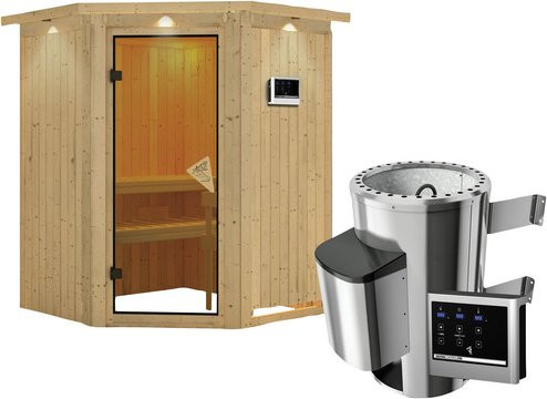 Karibu Sauna Wolmar aus Fichtenholz in Beige inklusive 3,6 kW Saunaofen mit externer Steuerung für 3 Personen, B/T/H: 202 x 165 x 165 cm - Bild 1