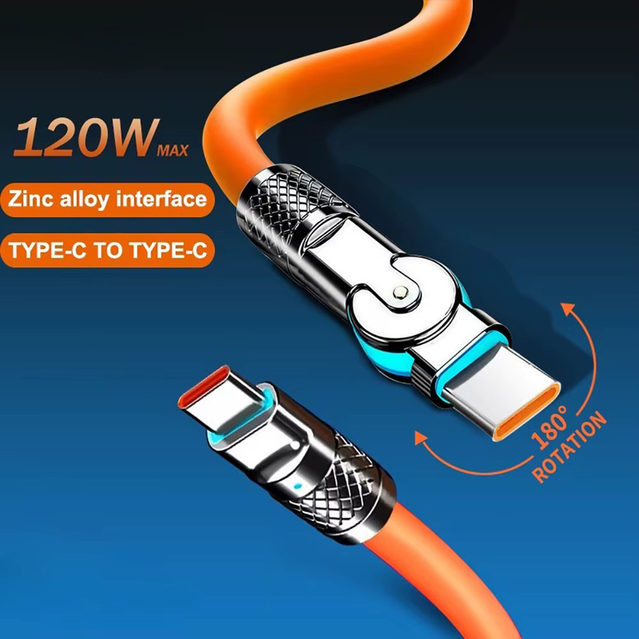 Drehbares Silikon USB-C Datenkabel 120W 6A mit 180 Grad Winkel in Orange - Bild 2