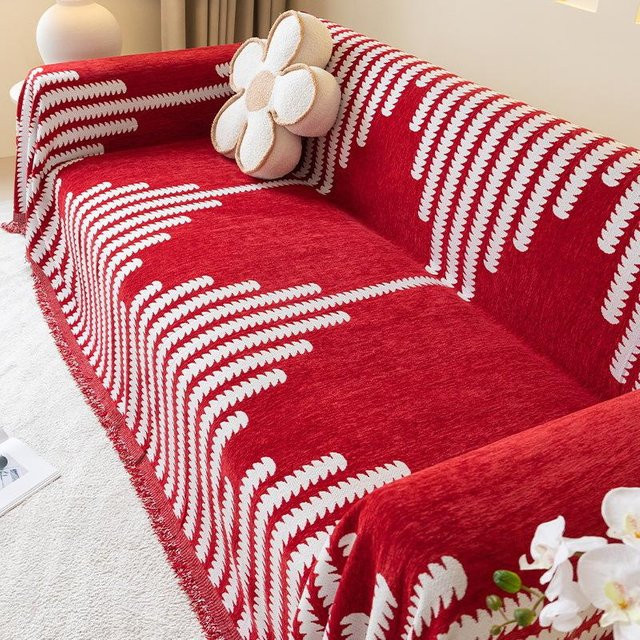 Nordische Chenille Sofa-Überwurfdecke mit Quasten in Rot, B/B: 180 x 130 cm - Bild 1