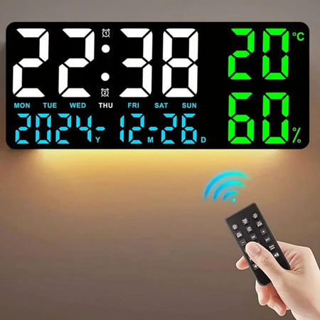 Digitale Wanduhr von NieNie in Beige und Schwarz mit LED-Beleuchtung, Stimmungslicht, Fernbedienung, Dual-Alarm, Timer und Countdown, modern und wandmontiert