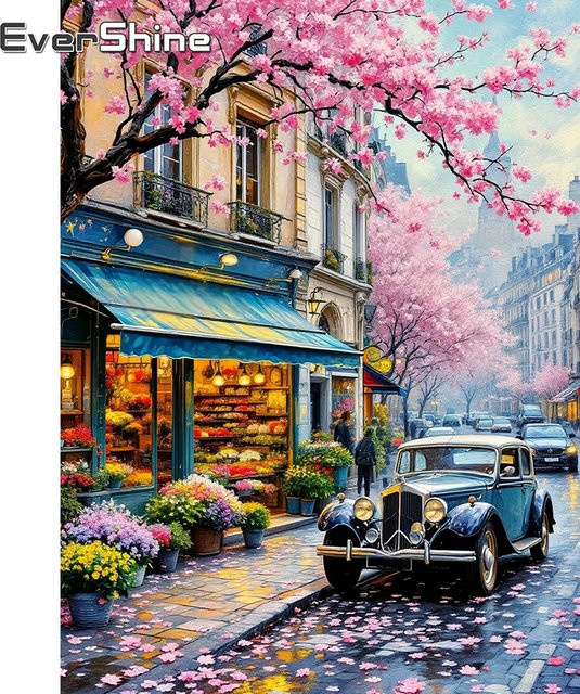 EverShine Diamant-Stickerei 5D Straßenlandschaft mit Kirschblüten als Wandkunst in Mehrfarbig - Bild 1