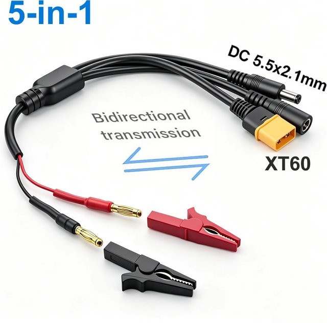 XT60 auf 4mm Bananen- und Krokodilklemmen-Adapterkabel mit XT60H Buchse-Stecker-Ladekabel und DC 5,5x2,1mm Anschluss in Schwarz - Bild 1