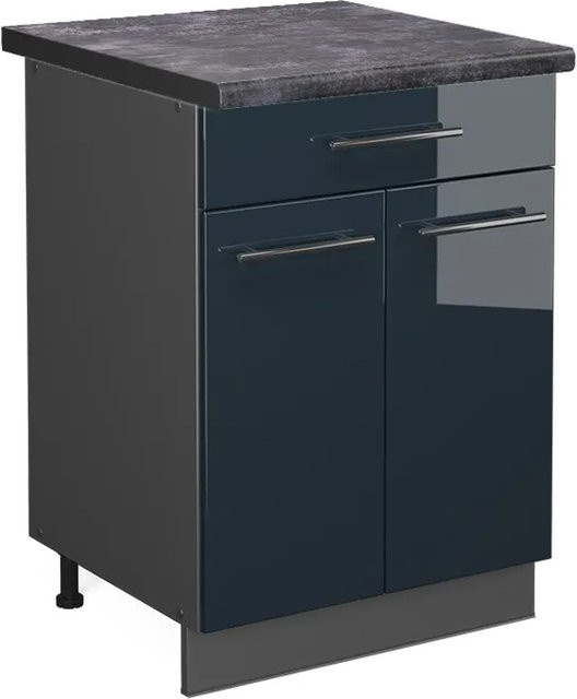 Vicco Spülenunterschrank Fame-Line in Dunkelblau Hochglanz und Anthrazit mit Eiche-Optik, Breite: 80 cm - Bild 1
